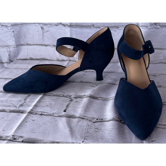 NIB Pointed Closed Toe Ankle Strap Buckle Slip on Low Heel Pumps Navy Blue Sz 10 - Picture 6 of 13